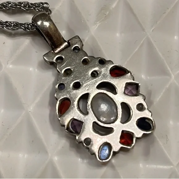 Sterling Silver Multi-Gemstone Pendant Moonstone Amethyst Garnet Peridot Boho - Picture 2 of 2